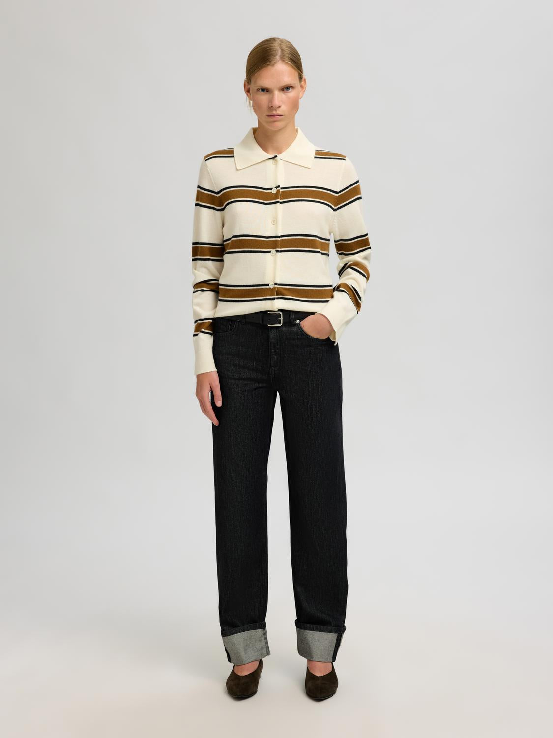 Slfthea Ls Knit Button Collar Neck